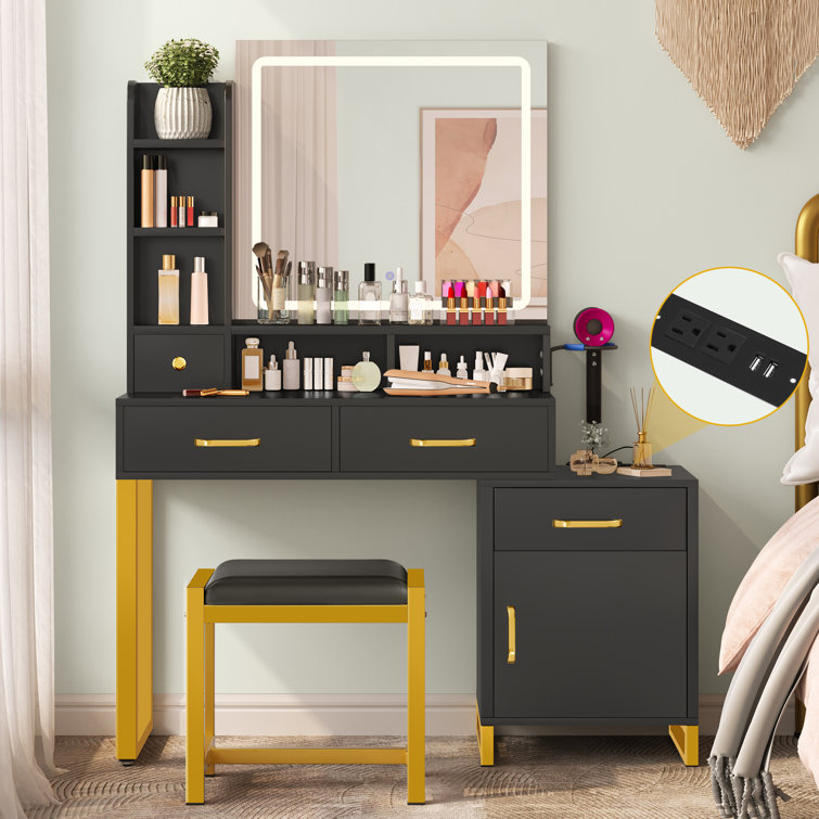 Vanity with mirror discount lights and chair